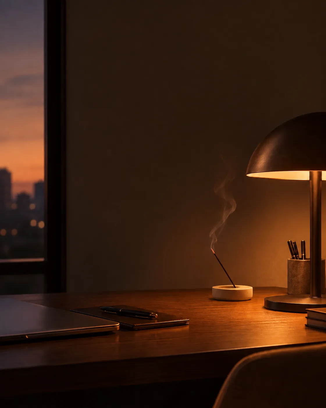 A lit stick on a desk beside a lamp at dusk, city lights through the window